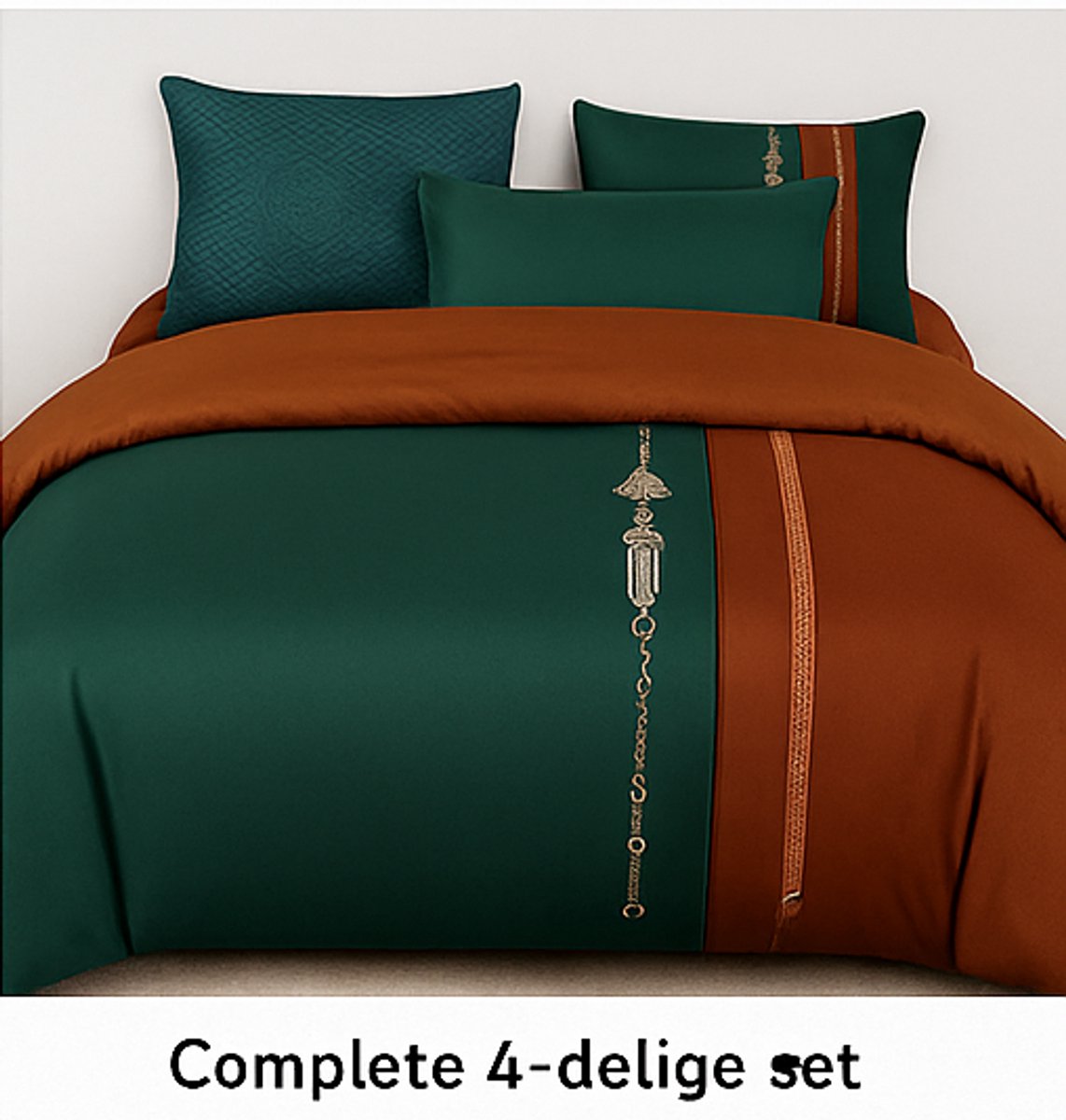 Luxe Katoenen Beddengoed Set – 4-delig | 240x220 Dekbedovertrek + 240x270 Laken + 2x Kussensloop (48x74cm) | Groene & Oranje Kleuren | 100% Katoen