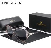 Roze-grijze vlinderzonnebril met gepolariseerde glazen en UV400 bescherming. Merk: KINGSEVEN.