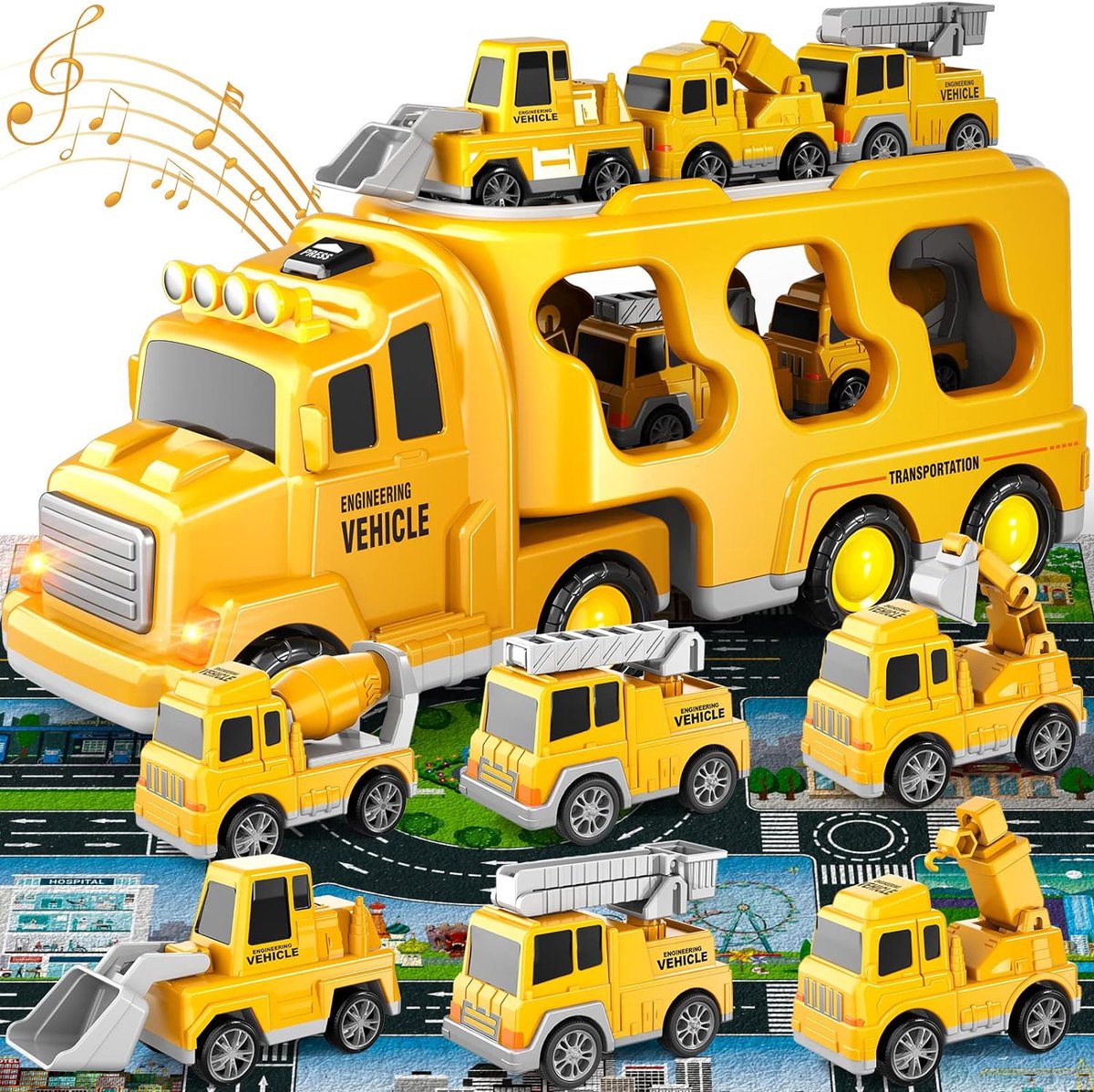 7-in-1 Bouwvrachtwagen Speelgoed - peelgoed autos jongens - speelgoed auto - 1 grote transportwagen + 6 mini-auto's - met licht- en geluidseffecten - Traint de hand-oogcoördinatie - Cadeaus voor kinderen