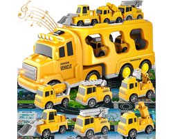7-in-1 Bouwvrachtwagen Speelgoed - 1 grote transportwagen + 6 mini-auto's - ABS-materiaal - met licht- en geluidseffecten - Traint de hand-oogcoördinatie