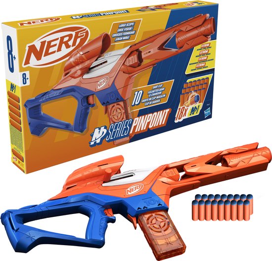 Doos en oranje/blauw Nerf N-Series Pinpoint blaster met 18 darts.
