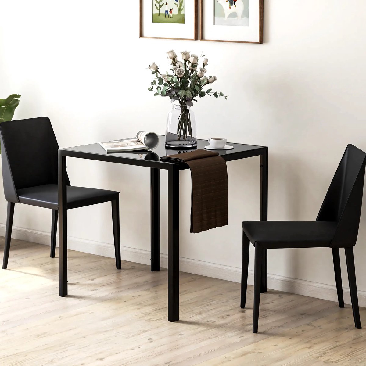 Pugsdrly Vierkante eettafel voor 4 personen, tafelblad van hardglas, voor keuken en eetkamer, 75 x 75 x 75 cm, zwart