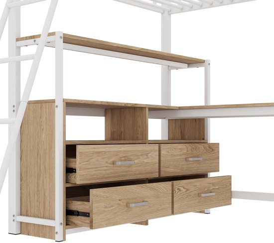 Lit mezzanine - 140x200cm - tiroirs pratiques - bureau élégant en L - design stratifié - sans matelas - blanc