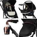 Collage van de Deryan kinderwagen: zitje, autostoel, bekerhouder en duwstang detail.