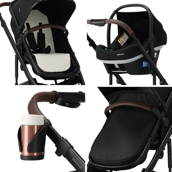 Collage van de Deryan kinderwagen: zitje, autostoel, bekerhouder en duwstang detail.