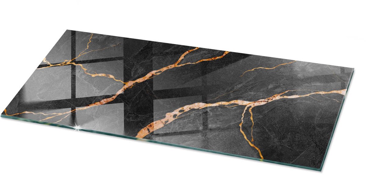 Tulup Tafelblad Glas - Marmerpatroon Met Aderen Glazen Tafelblad - 125 cm x 50 cm - Zwart Glazen Plaat - Rechthoekig Tafelblad Glas - Glazen Tafelblad Geschikt voor de Keukentafel - Veiligheidsglas