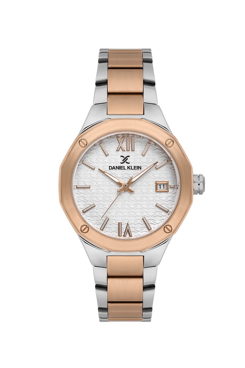 Daniel Klein DK.1.13938-6 - Horloge - Polshorloge - Analoog - Dames - Vrouwen - stalen band - Dodecagon - Metaal - Datumaanduiding - Streepjes - Romeinse Cijfers - Zilverkleurig - Zilver en rosékleurig