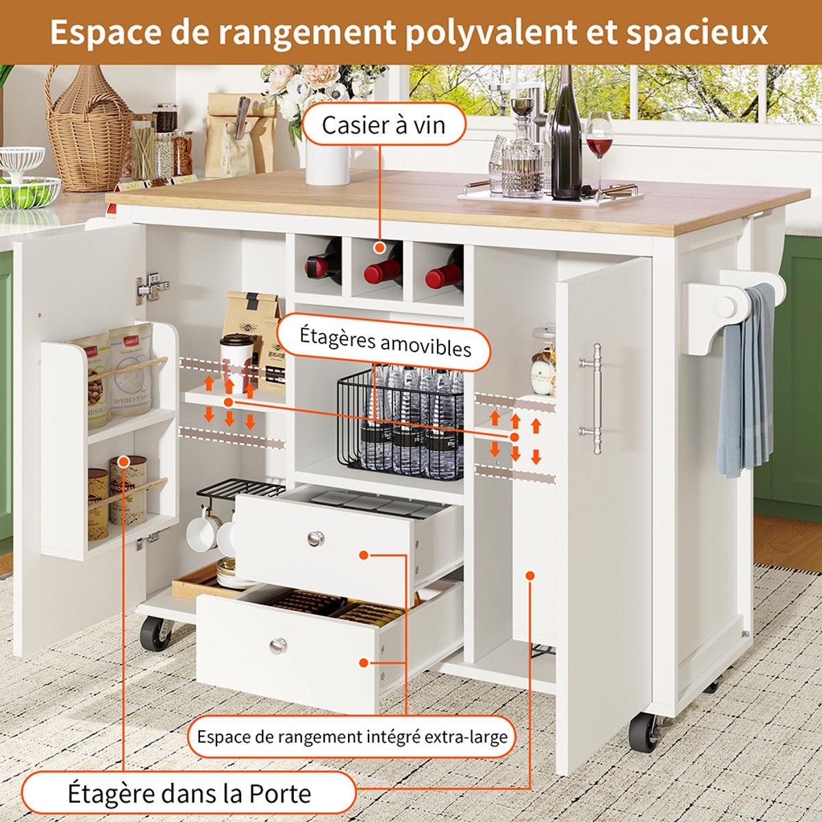 Buffet Cuisine Haut Avec Étagères Réglables Et Tiroirs - 105x45x185 Cm, Blanc/Noir, MDF