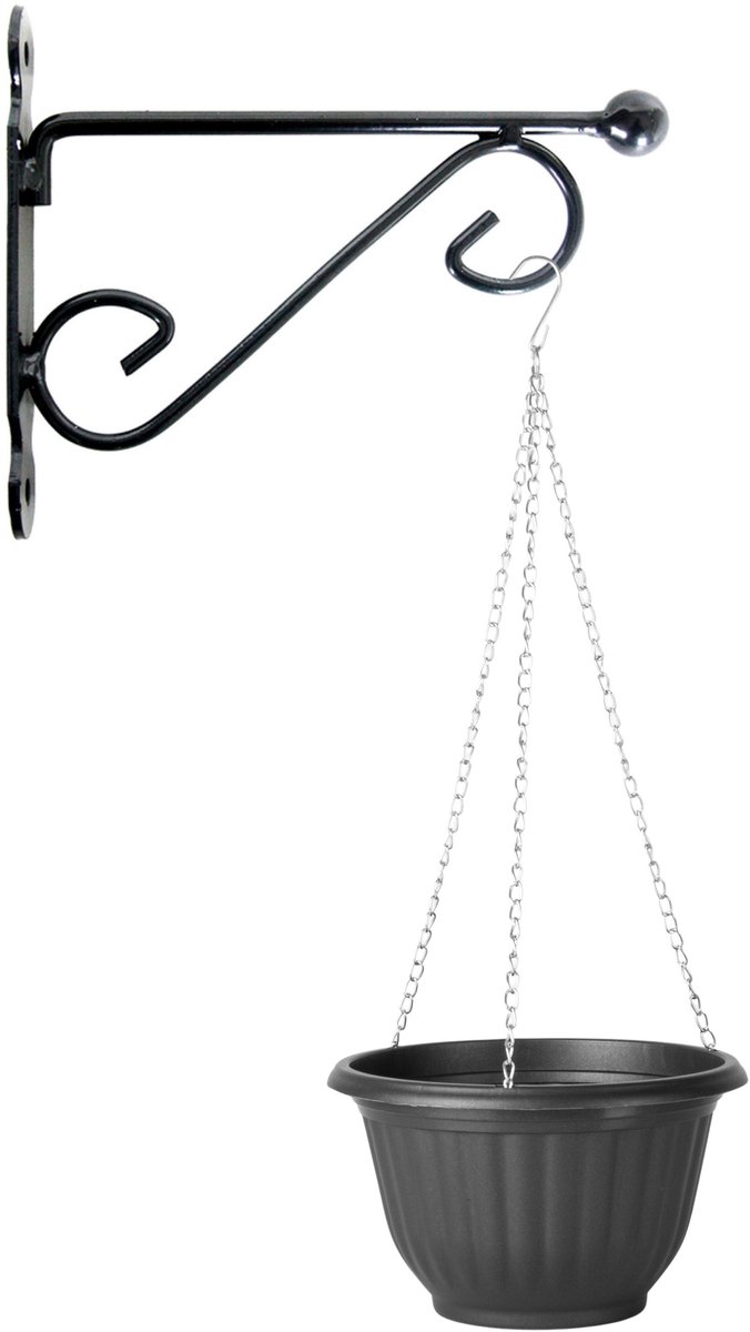 Hangpot + Muurhaak Lucca - antraciet - D20 cm - kunststof - metaal - tuinaccessoires