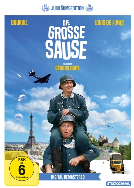 Filmaffiche van "Die Grosse Sauße" met Bourvil en Louis de Funès in militaire uniformen, Parijs en een kasteel op de achtergrond.