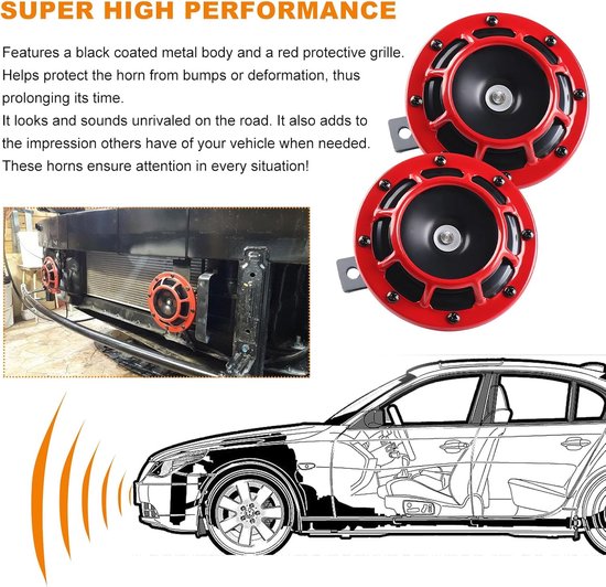 Lot de 2 klaxons de voiture super puissants, 12 V, haut et bas, avec grille de protection, compatibles avec voitures, camions, motos, bateaux et accessoires automobiles (rouge)
