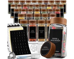 Soothe 36 Glazen Kruidenpotjes Vierkant met Acacia Deksel – 2 Soorten Strooideksels – Kruidenstrooier – Spice Jars – Complete Set incl Kruiden Stickers, Krijtstift en Accessoires – 120ml