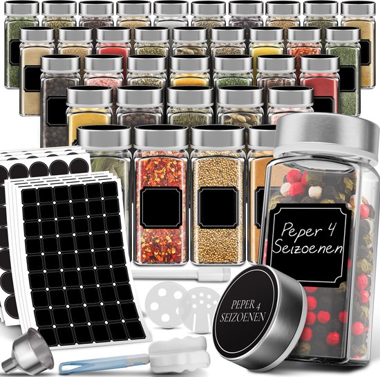 Soothe 36 Glazen Kruidenpotjes Vierkant met RVS Deksel – 2 Soorten Strooideksels – Kruidenstrooier – Spice Jars – Complete Set incl Kruiden Stickers, Krijtstift en Accessoires – 120ml