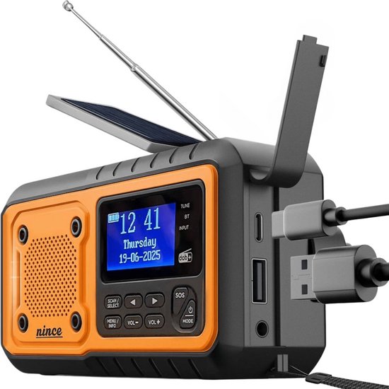 Nince Noodradio DAB+ Altijd Overal Ontvangst - Solar & Opwindbaar - Powerbank - Zaklamp - Noodpakket - USB-C - FM/BT - Voor Noodsituaties & Kamperen