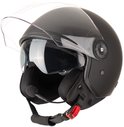 Zwarte scooterhelm met helder vizier, ingebouwd zonnevizier, microfoon en kinband met rode gesp, op witte achtergrond.