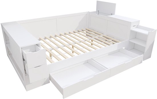 Lit Plat 140 * 200cm Avec Intérieur, Lampe De Chauffage LED, Prise USB Boite De Rangement Integree Tiroir De Lit Beige 92575234