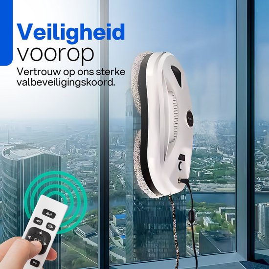 Robot ramenwasser aan het raam met een stadslandschap op de achtergrond, met afstandsbediening.