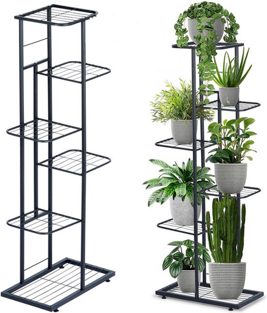 SERALUXE - Plantenrek met 6 Lagen - Plantenstandaard - Plantentafel - Plantenrekken - Plantentrap - Plantentafeltje voor binnen - buiten - Bloemenrek - Planten etagere - Metaal - Zwart