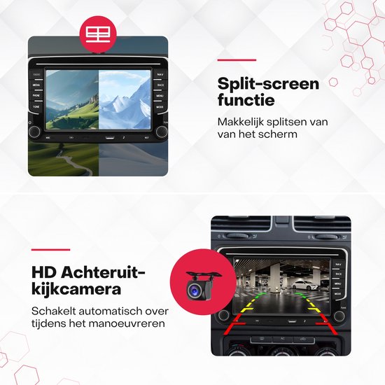 Autostuur met split-screen functie en HD achteruitrijcamera.