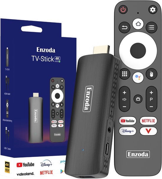 Enzoda Android 12 TV Stick Chromecast 4K Voor TV - Mediastreamer - Streaming box - HDMI - Wifi 6 - Google Stemassistent - Netflix - Videoland