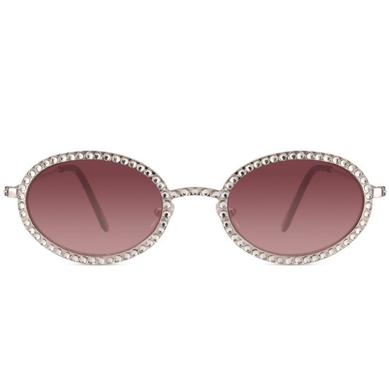 Zonnebril ovaal - Zonnebrillen - Festival bril - Rave bril - Glasses - Met steentjes - Zilver - Roze glazen — afbeelding 2