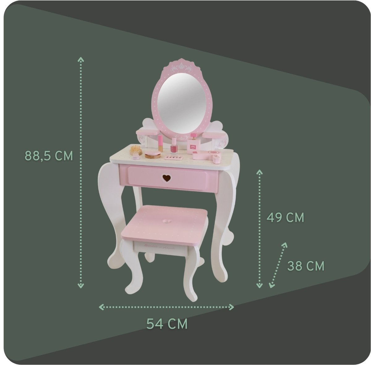 Bandits & Angels Kinder Kaptafel Julia Wit Roze Met Spiegel voor Meisjes vanaf 3 jaar - Houten Make-Up Tafel - Kaptafel Inclusief Krukje - Voor Kinderen — afbeelding 8