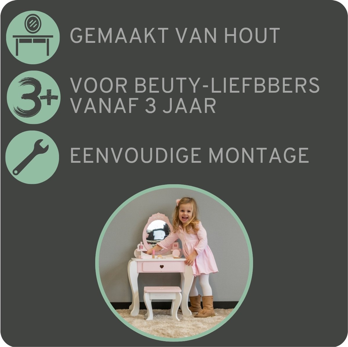 Bandits & Angels Kinder Kaptafel Julia Wit Roze Met Spiegel voor Meisjes vanaf 3 jaar - Houten Make-Up Tafel - Kaptafel Inclusief Krukje - Voor Kinderen — afbeelding 6