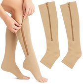Compressie Kousen Met Rits I Compressie Sokken I Steunkousen I Vliegtuigsokken I Anti Vermoeidheid I Maat S/M (35-39) I Beige