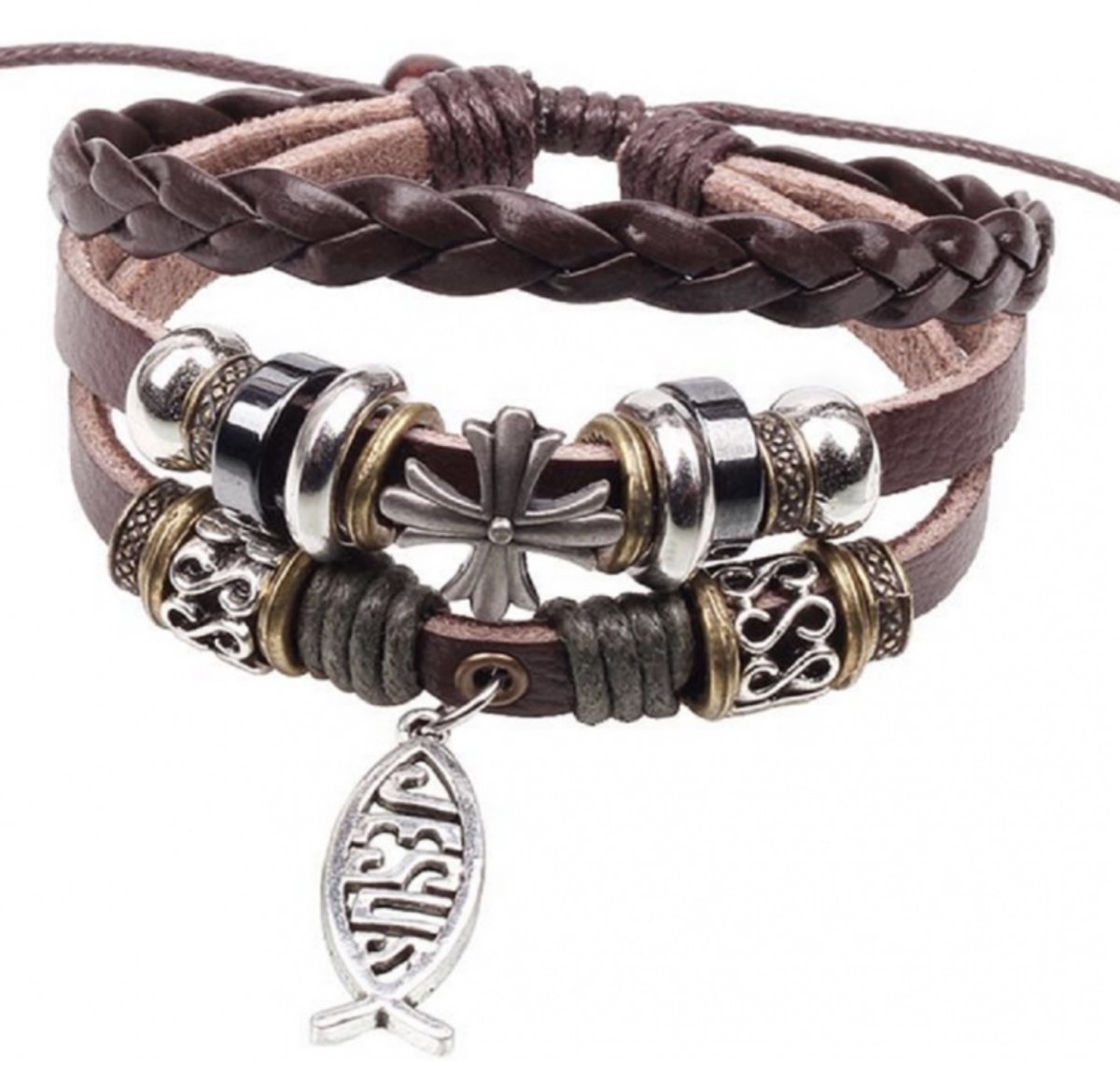 Armband- Schuifsluitinf-Jesus-bruin-leer - Charme Bijoux