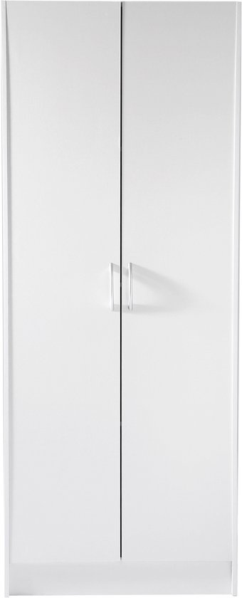 Haute armoire de cuisine blanche avec deux portes et poignées argentées.