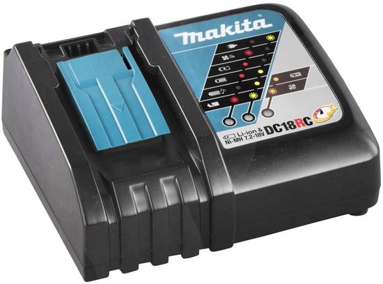 Zwarte Makita DC18RC lader met turquoise laadstation, gezien vanaf de zijkant rechts.