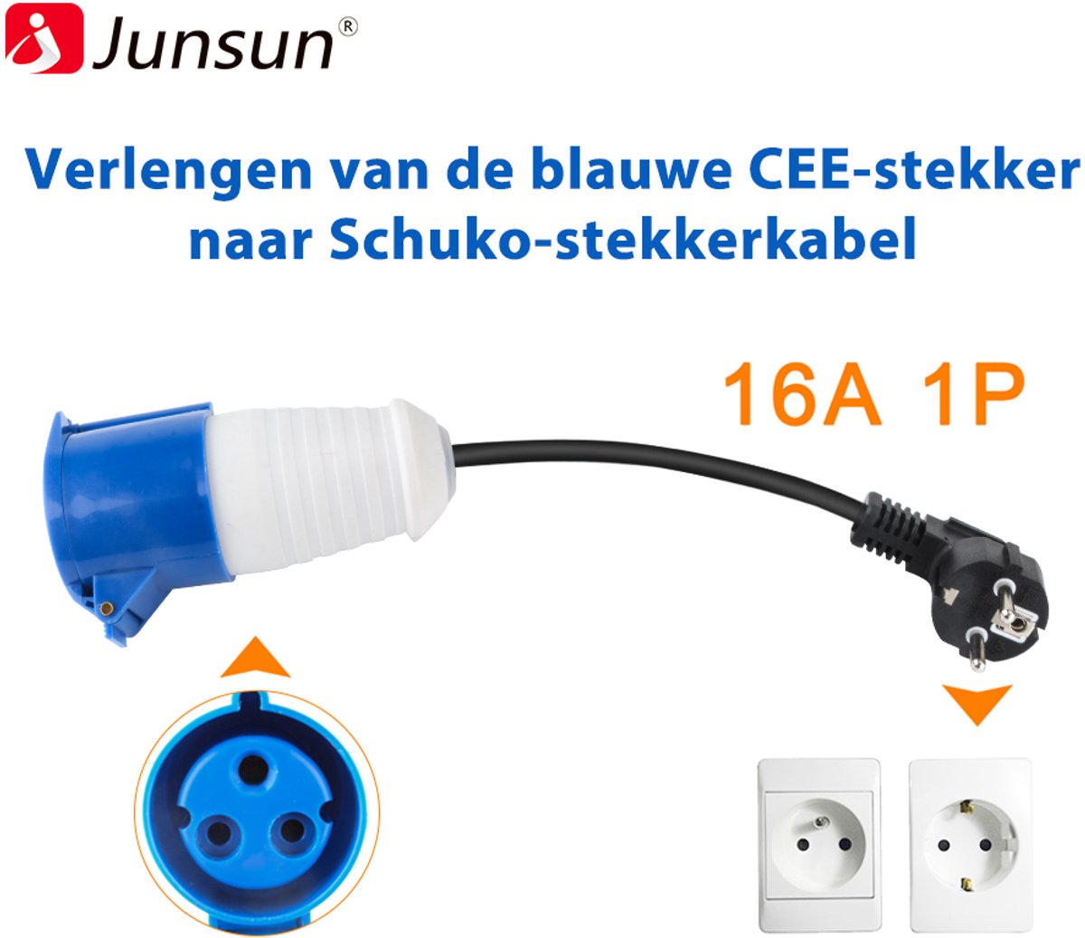 EV-laderstekker naar blauwe CEE-stopcontactconnector 3-pins type 2 Schuko-adapter aansluiten op 32A 1-fase 7 kW draagbare lader