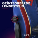 Detail van de rugleuning van een blauwe Superman gaming stoel, met zichtbare lendensteunverstelling.