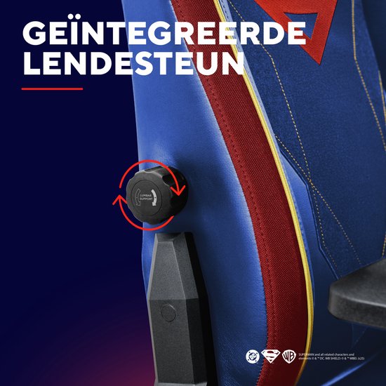 Detail van de rugleuning van een blauwe Superman gaming stoel, met zichtbare lendensteunverstelling.