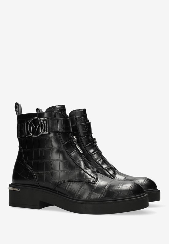 Bottines noires à imprimé crocodile, fermeture éclair et boucle, avec logo M.
