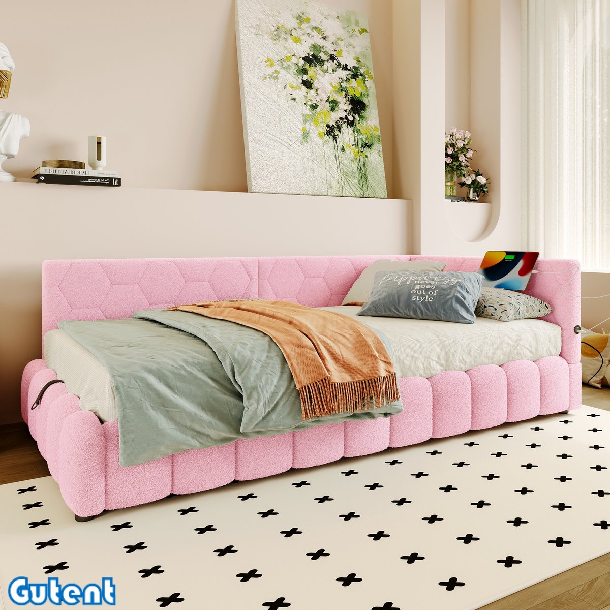 Gutent Slaapbank-90*200 cm-met lattenbodem (matras niet inbegrepen)-met LED-lichtlijst-met hydraulisch hefmechanisme-USB-aansluiting-Type-C-Kunstwol-Roze