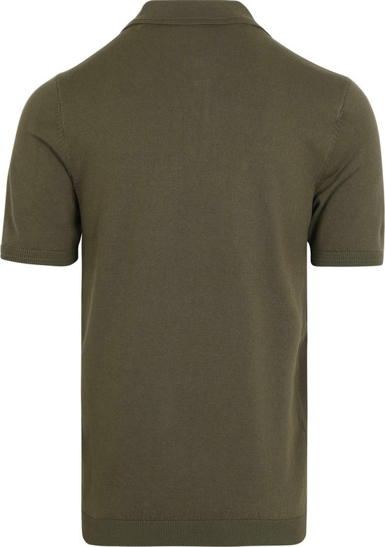 Legergroen gebreid poloshirt voor heren, korte mouwen, van achteren.
