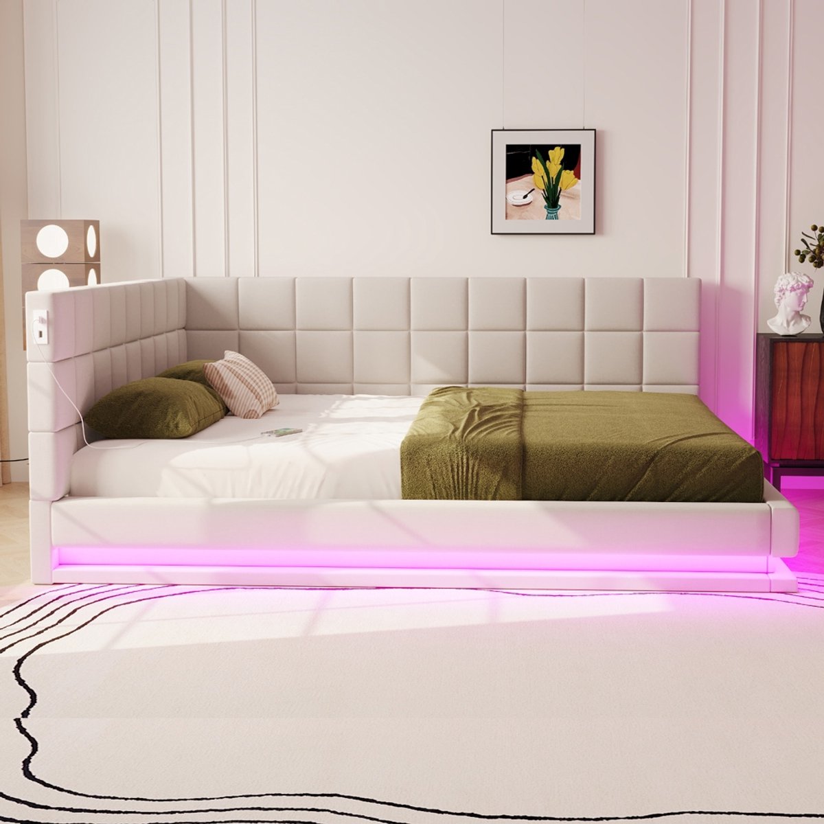 PugsdrlyGestoffeerde slaapbank 160*200 Multifunctioneel bed met LED-lichtstrip, USB-aansluiting en lattenbodem, aangenaam aanvoelende beige fluweelstof