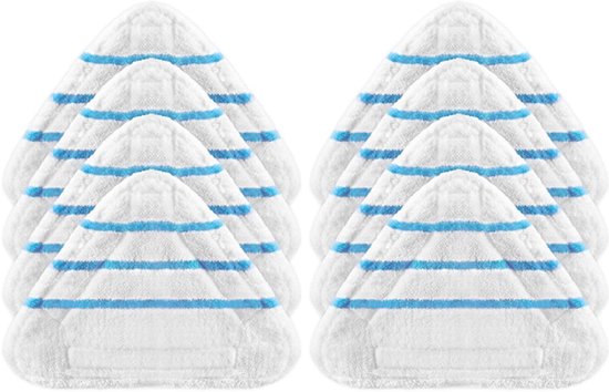 Twee rijen van vijf witte driehoekige dweilpads met blauwe strepen.