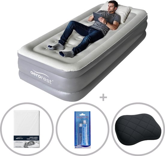 AeroRest Supreme Plush XL 1-persoons luchtbed | 210 x 99 x 46 cm | Inclusief bijpassend hoeslaken + reparatiekit + opblaasbaar hoofdkussen | Extra lang 210 cm | Ideaal voor lange mensen