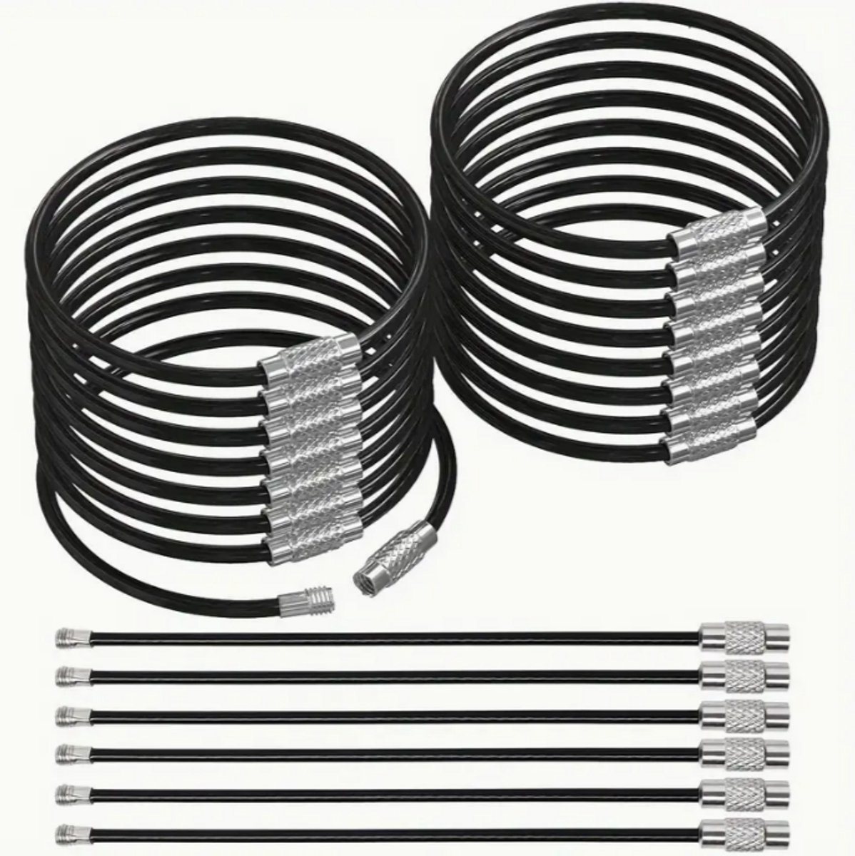 FSW Products – 5x RVS Staaldraad Sleutelhanger (15 cm) – Zwarte Keychain – Sterke Sleutelring – Sleutelbos / Broek / Tas