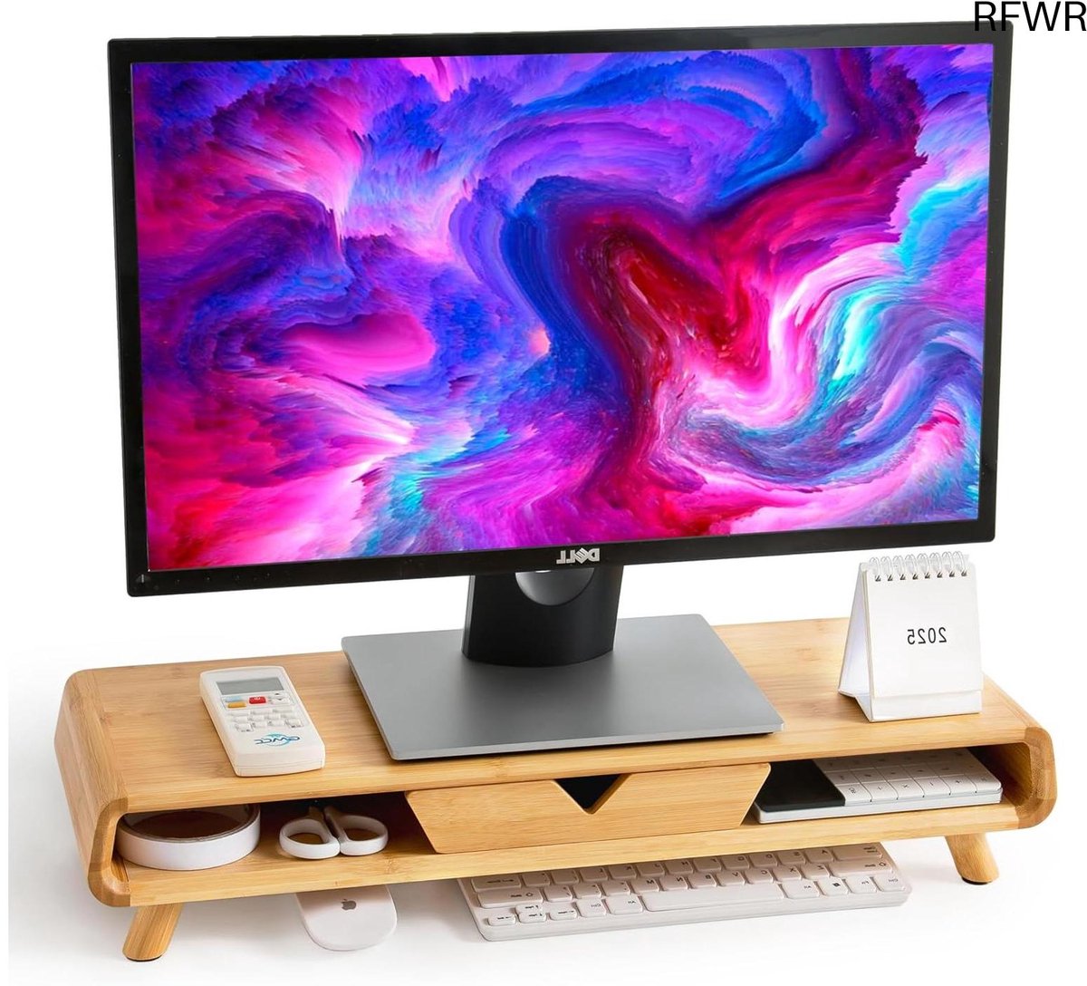 RFWR® Bamboe Monitorstandaard met Lade - Ergonomische Verhoging voor Bureau