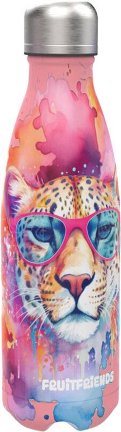 Gourde en acier inoxydable rose avec un léopard portant des lunettes de soleil, éclaboussé de peinture multicolore. "Fruitfriends" est imprimé en bas.