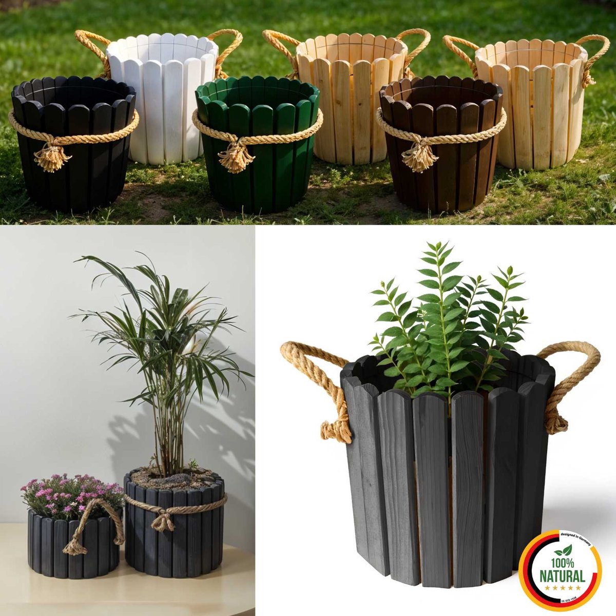 Floranica ronde bloempot 20 x 33 cm van grenenhout, plantenpot, bloembak, kruidenpot voor huis en tuin, voor binnen- en buitengebruik, antraciet