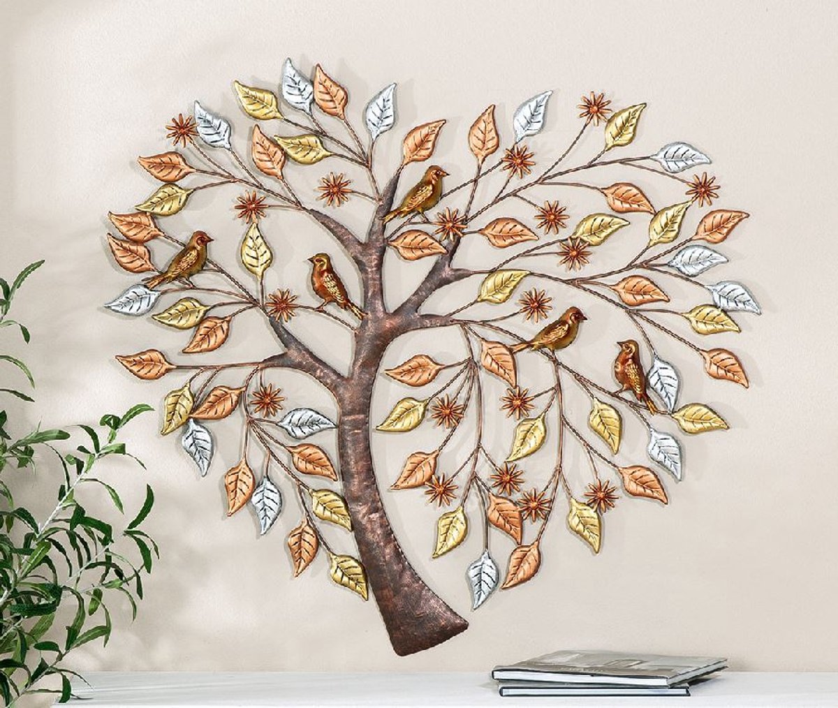 muurdecoratie Wand decoratie - Muurdecoratie - Boom met Vogels - 70 x 80 cm metaal - koper goud zilver
