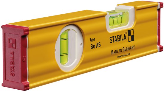 Gele Stabila waterpas type 80 AS, made in Germany. Met rode eindkappen en witte behuizing.