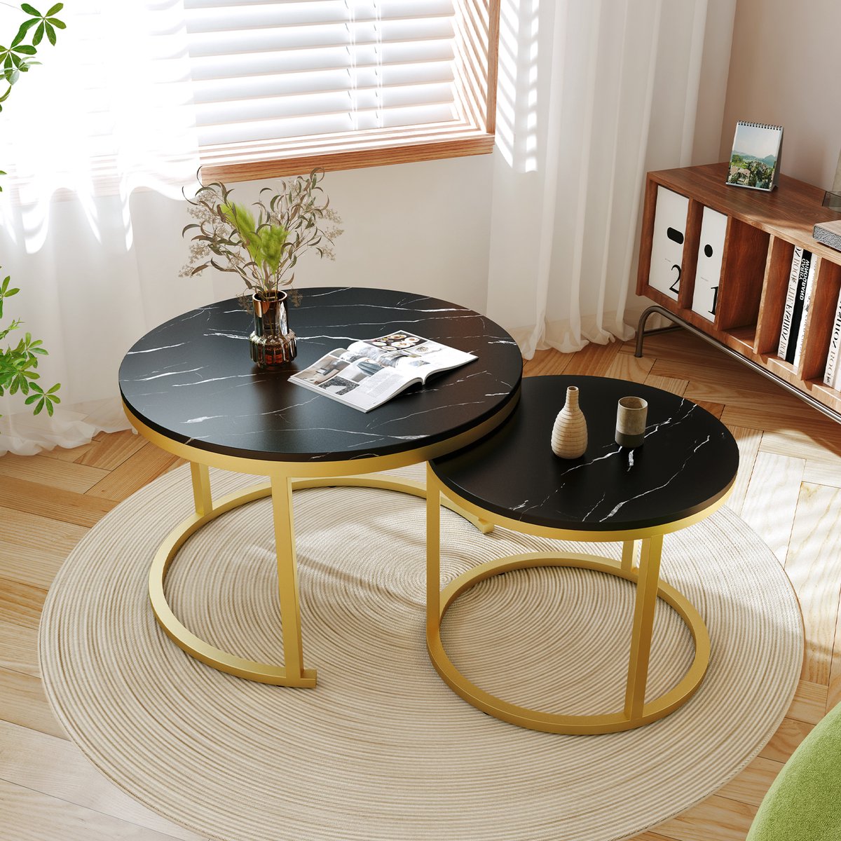 Elekiatech Salontafel - Salontafel Rond - Salon Tafel Set van 2 - Ø70 & Ø50 cm - Marmerlook Tafelblad - Metalen Frame - Voor Woonkamer of Slaapkamer - Zwart
