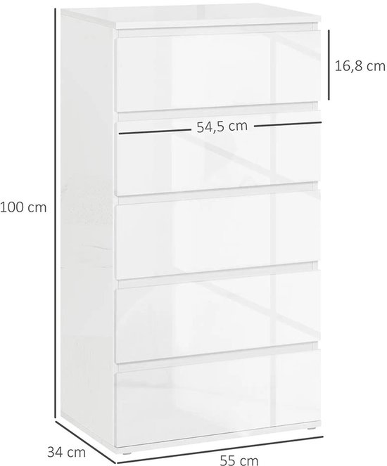 Afmetingen van een witte ladekast: 55 cm breed, 34 cm diep en 100 cm hoog.