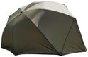 Olijfgroene en beige visbrolly, gesloten, op een witte achtergrond.