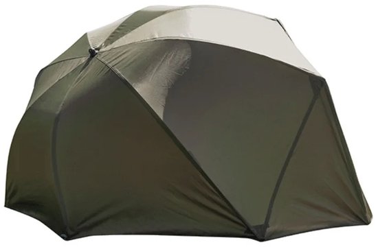 Olijfgroene en beige visbrolly, gesloten, op een witte achtergrond.